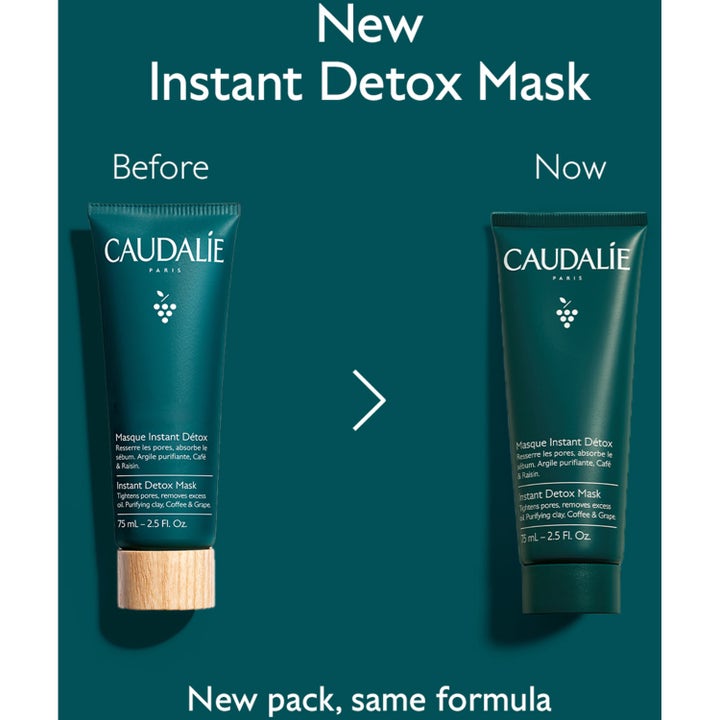 Caudalie Instant Detox Mask 75 ml ansiktsmask detox visar gammal och ny mörkgrön tub för poreminskning.