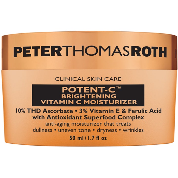 Peter Thomas Roth Potent-C Brightening Vitamin C Moisturizer 50 ml i en orange burk med guldlock som ger lyster.