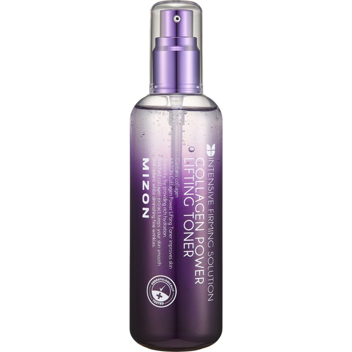 Mizon Collagen Power Lifting Toner 150 ml ger spänst i en lila tonad flaska med matchande pump och transparent lock