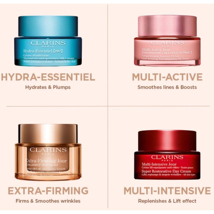 Clarins Extra-Firming Jour 50 ml ansiktskräm med omedelbar lyfteffekt i guldbrun burk med Collagen Technology.