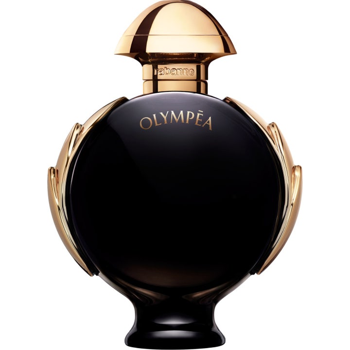 Rabanne Olympea Parfum 50 ml långvarig vaniljparfym i en rund svart glasflaska med vingar och guldkork