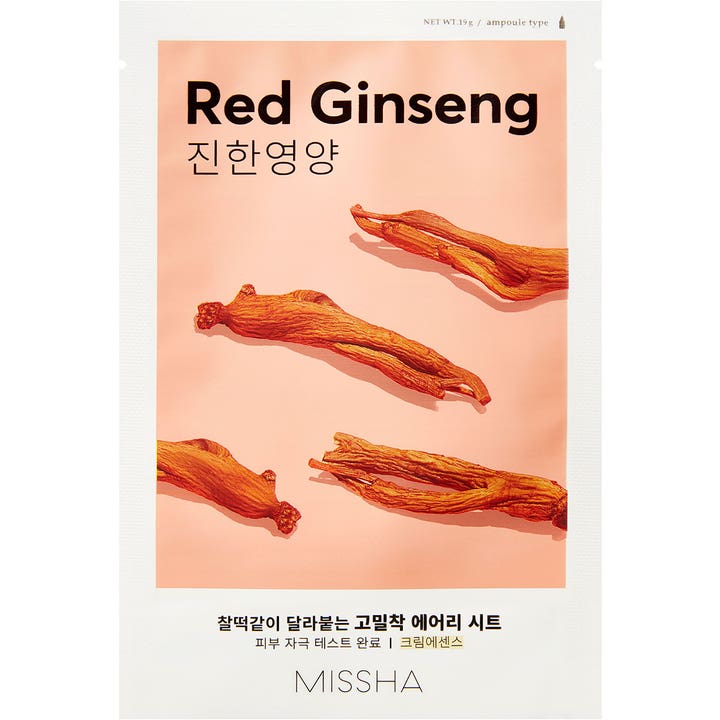Missha Red Ginseng 19g närande sheet mask som ger lyster i vit sachet med persikofärgad bild av ginsengrötter