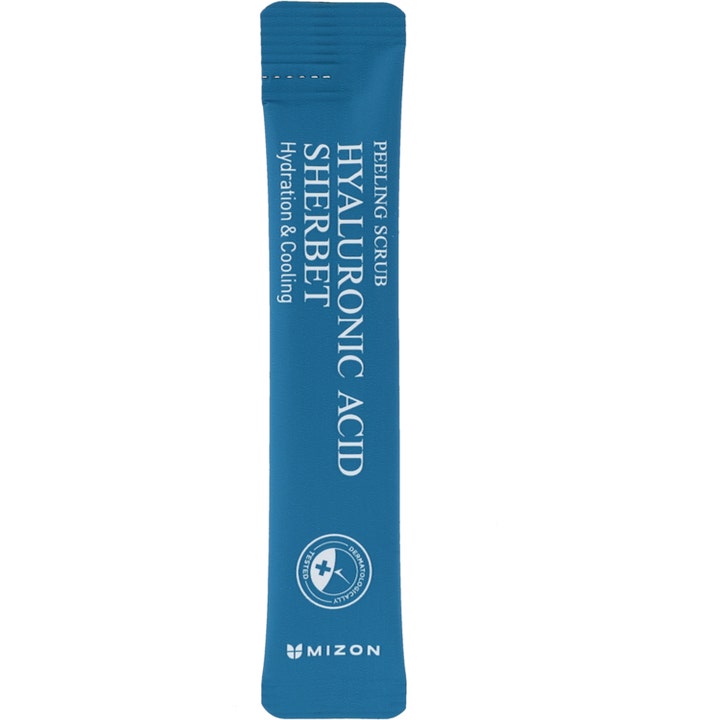 Mizon Hyaluronic Acid Sherbet Peeling Scrub återfuktande ansiktsskrubb i en smal blå portionsförpackning med vit text