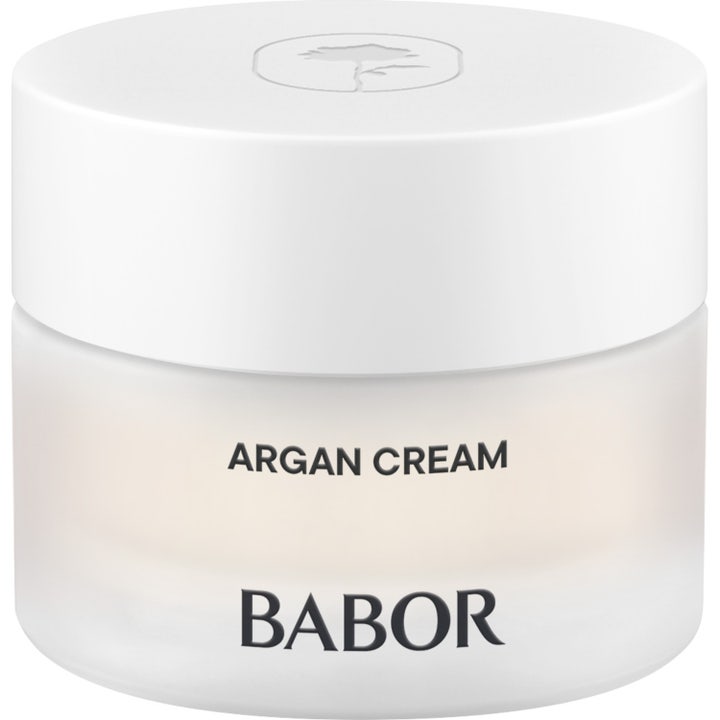 Babor Argan Cream 50 ml lyxig arganolja ansiktskräm som ger näring i en frostad glasburk med vitt lock.
