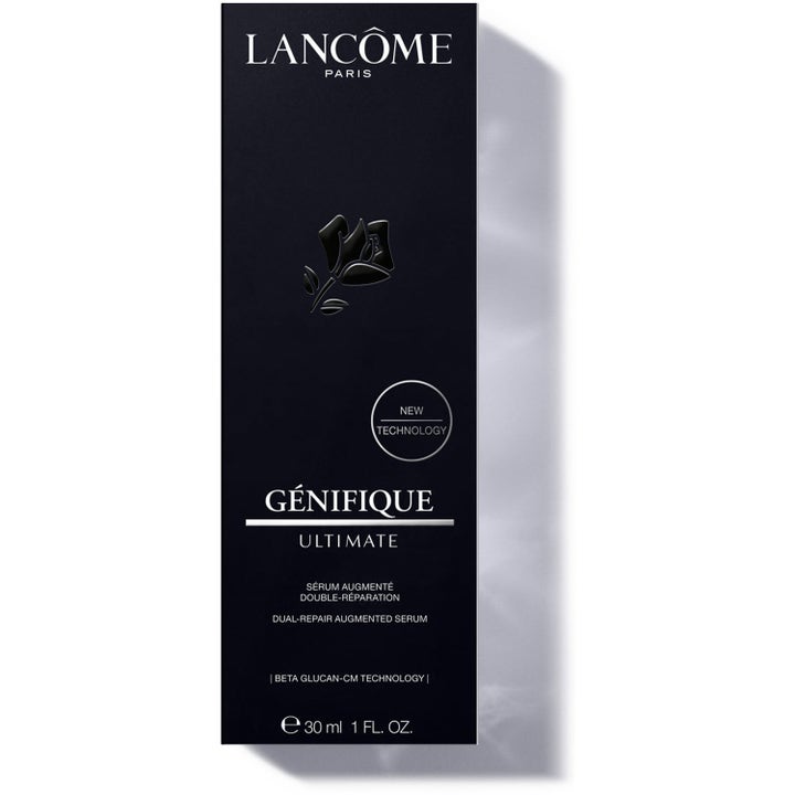 Lancôme Génifique Ultimate 30 ml reparerande serum i svart ytterförpackning med en elegant silverros