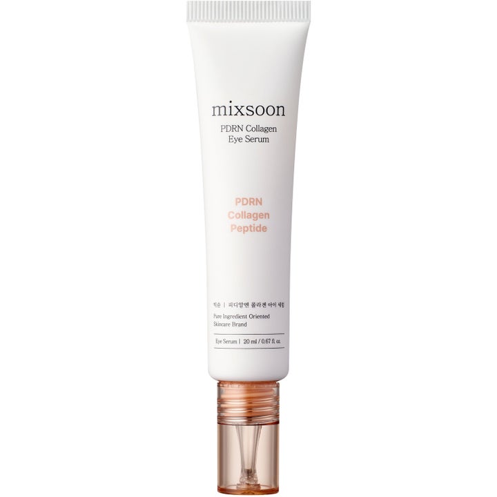 Mixsoon PDRN Collagen Eye Serum 20 ml stärkande ögonserum i vit tub med genomskinlig roséguldfärgad pump.