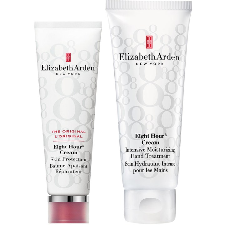Elizabeth Arden eight hour skin protectant och återfuktande handkräm i vita tuber med mönster av siffran åtta.