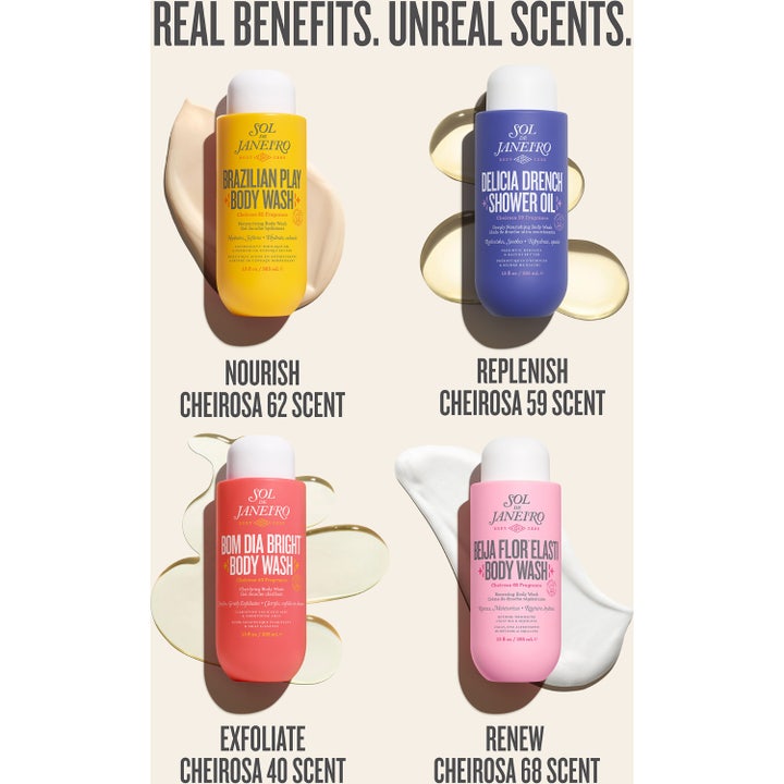 Sol de Janeiro Beija Flor Skin-Renewing Body Wash 385 ml återfuktande duschtvål i rosa flaska märkt vegan och sulfate free