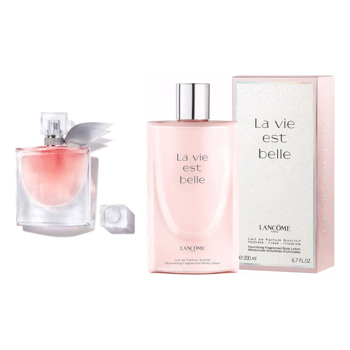 Lancôme La Vie Est Belle parfymset 50ml och 200ml blommig parfym i glasflaska med rosett och återfuktande lotion