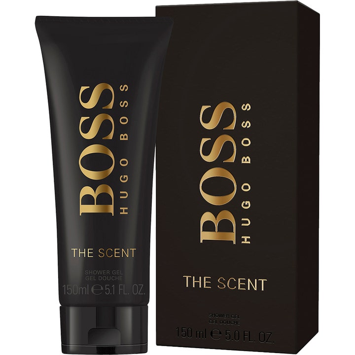 Hugo Boss Boss The Scent 150 ml duschtvål i svart tub intill matchande ytterförpackning med gulddetaljer