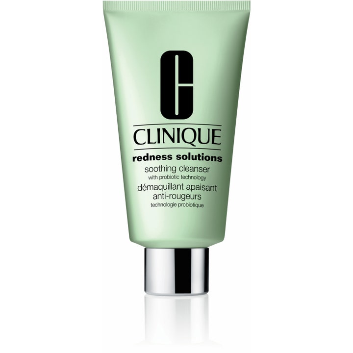Clinique Redness Solutions Soothing Cleanser probiotisk rengöring mot rodnad i en ljusgrön tub med silverkork
