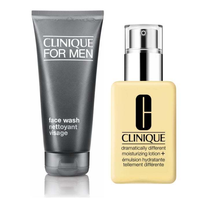 Clinique Daglig Grund 325 ml clinique for men set som ger ren och återfuktad hy i grå tub och gul flaska med silverpump