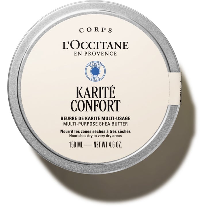 L'Occitane Karité Confort 150 ml mjukgörande kroppssmör med ekologisk sheasmör i en rund silverfärgad metallburk.