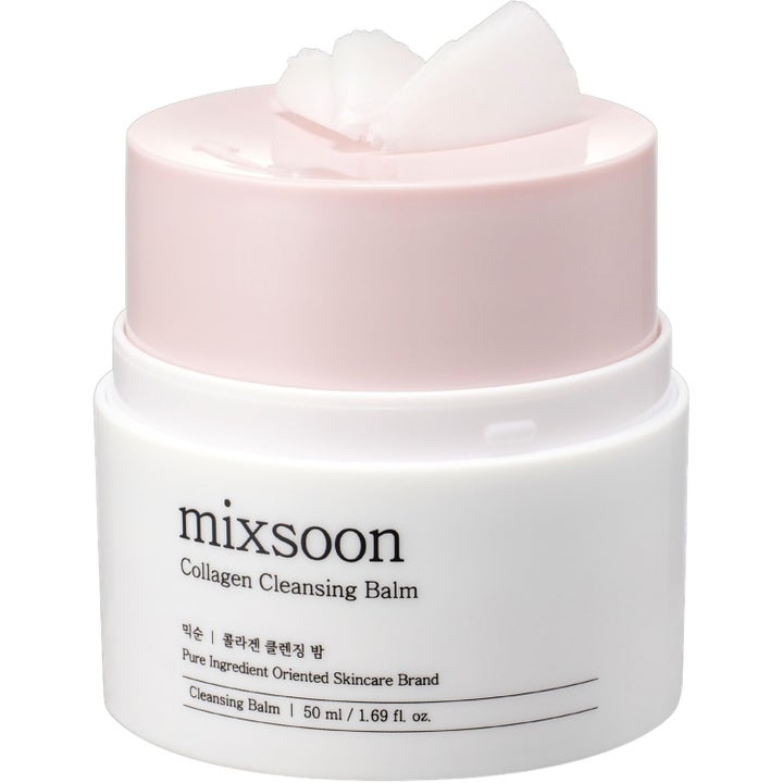 Mixsoon Collagen Cleansing Balm 50 ml ansiktsrengöring i vit burk med ljusrosa lock och krämig vit textur.