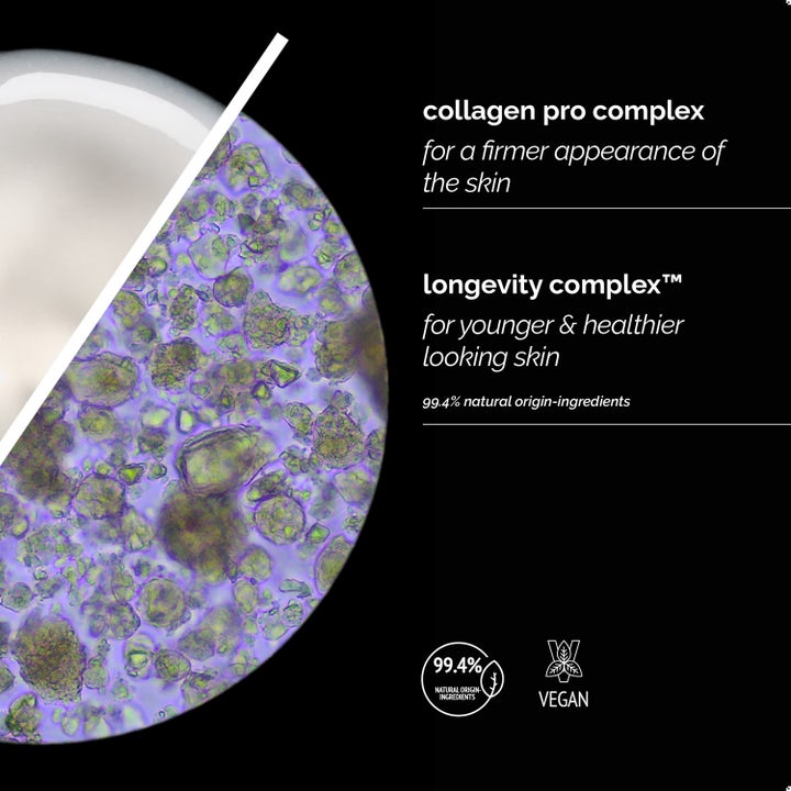 Skin Regimen Longevity Collagen+ Serum 30 ml för fastare hud med veganska ingredienser i mikroskop