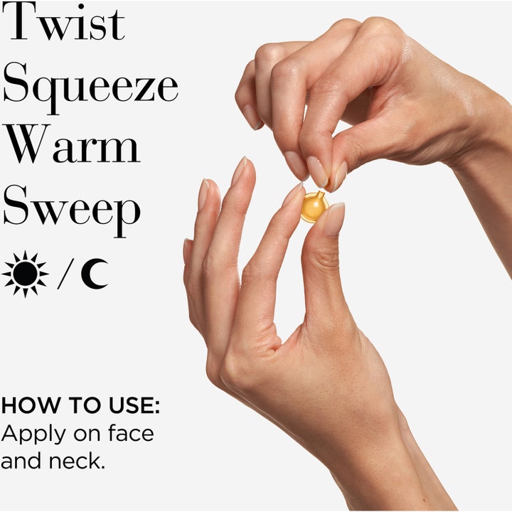 Elizabeth Arden Ceramide Capsules 60 st anti aging ceramid serum visar Twist Squeeze-metoden för guldiga kapslar.