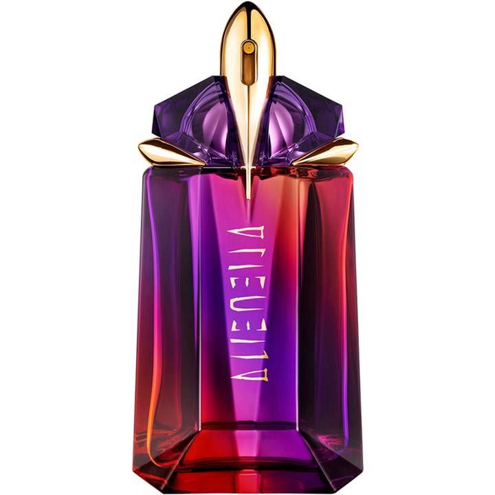 Mugler Alien Hypersense 60ml eau de parfum i en fasetterad glasflaska med lila och röd gradient och guldiga detaljer