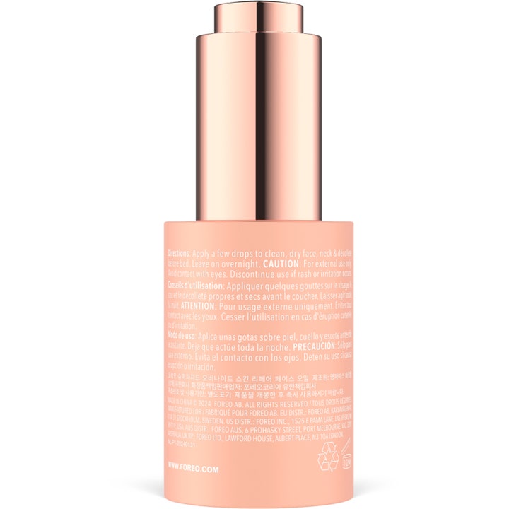FOREO SUPERCHARGED Overnight Skin Repair Face Oil 30 ml ansiktsolja för torr hud baksida med roseguldfärgad kork.