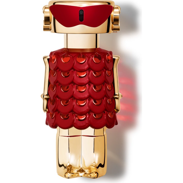 RABANNE Fame In Love Elixir Parfum 80 ml damparfym i guldglänsande robotflaska med röd paljettklänning och röd mask