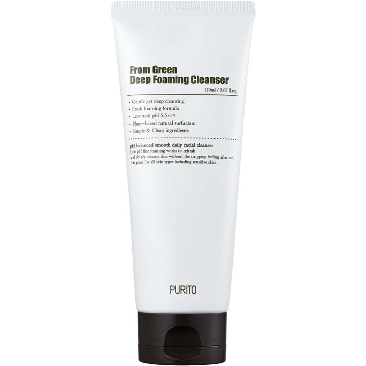 Purito From Green Deep Foaming Cleanser 150ml naturlig rengöring i vit tub med svart lock som skonsamt rengör på djupet