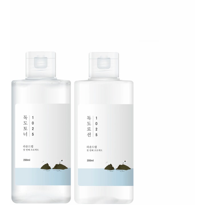 Round Lab 1025 Dokdo Toner och Lotion 200 ml återfuktande K-beauty hudvård i klara flaskor med minimalistiska ö-motiv.