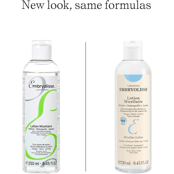 Embryolisse Micellar Lotion 250 ml mild ansiktsrengöring blåklint visar ny och gammal design på klar plastflaska.