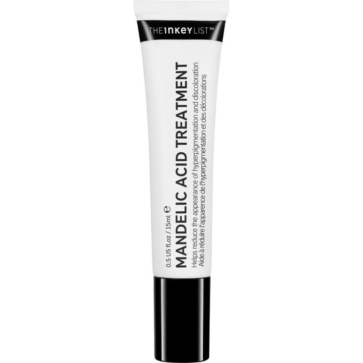 The INKEY List Mandelic Acid Treatment 15ml mandelsyra peeling mot pigmentfläckar i vit tub med svart skruvkork.