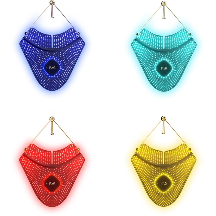 FAQ Swiss FAQ 211 LED Neck & Décolleté Mask ger LED rynkbehandling hemma med blått, turkost, rött och gult ljus.