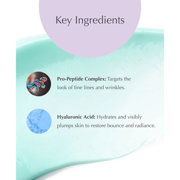Exuviance Pro-Plump Hydrating Cream 45 g återfuktande nattkräm som visar hyaluronsyra och peptider i infografik.