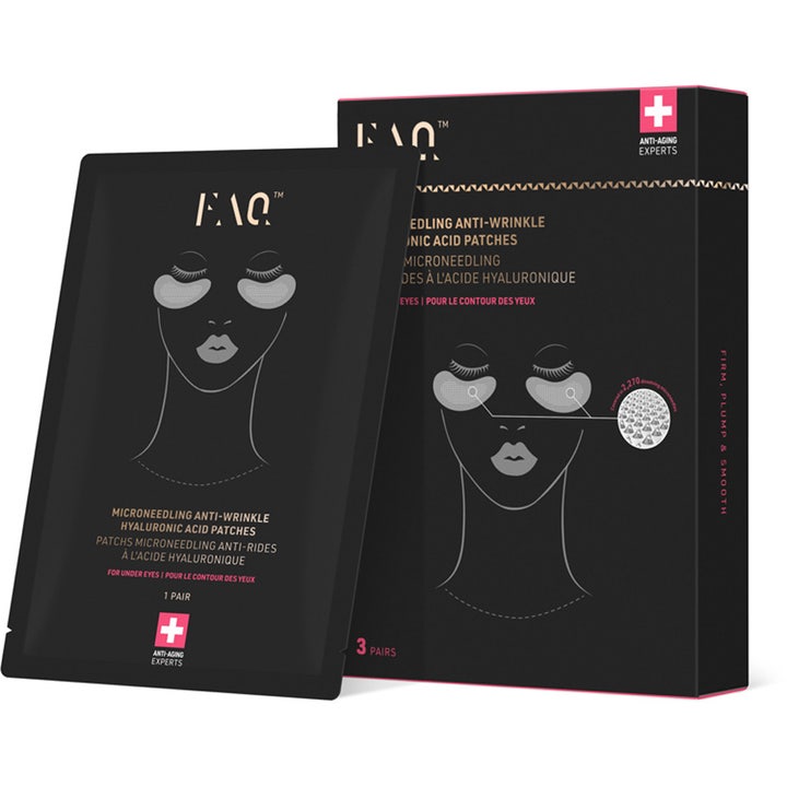 FAQ Microneedling Anti-Wrinkle Hyaluronic Acid Patches 3 par ögonmasker med hyaluronsyra i svart box med vit linjegrafik
