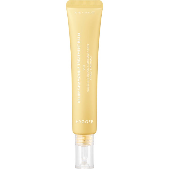 Hyggee Relief Chamomile Treatment Balm 30 ml lugnande hudkräm i en solgul tub för anti-irritation hudvård