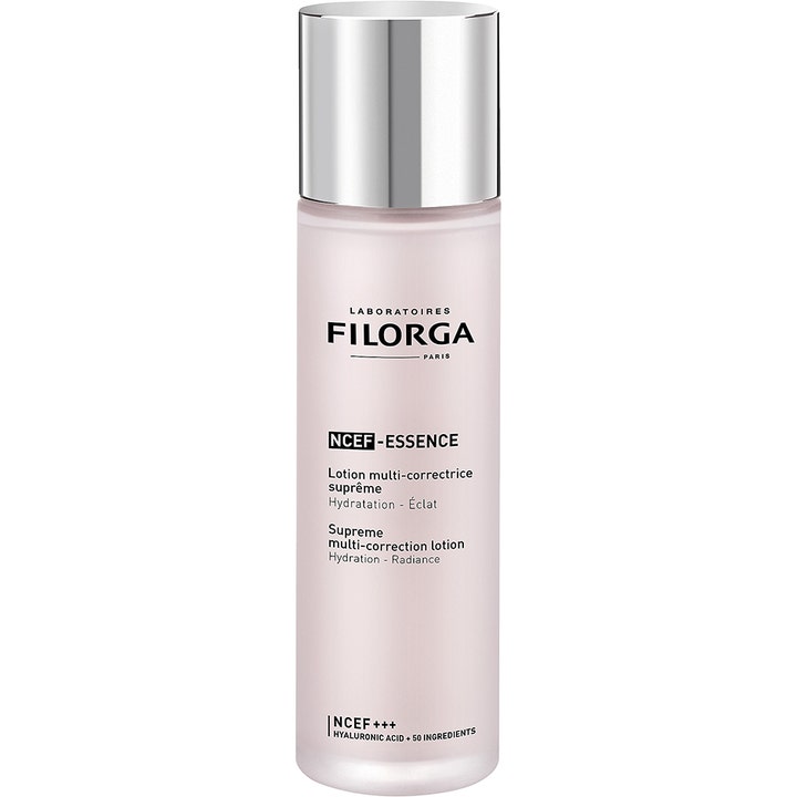 Filorga NCEF-Essence 150ml filorga essence ansiktslotion ger lyster i en frostad ljusrosa flaska med silverlock