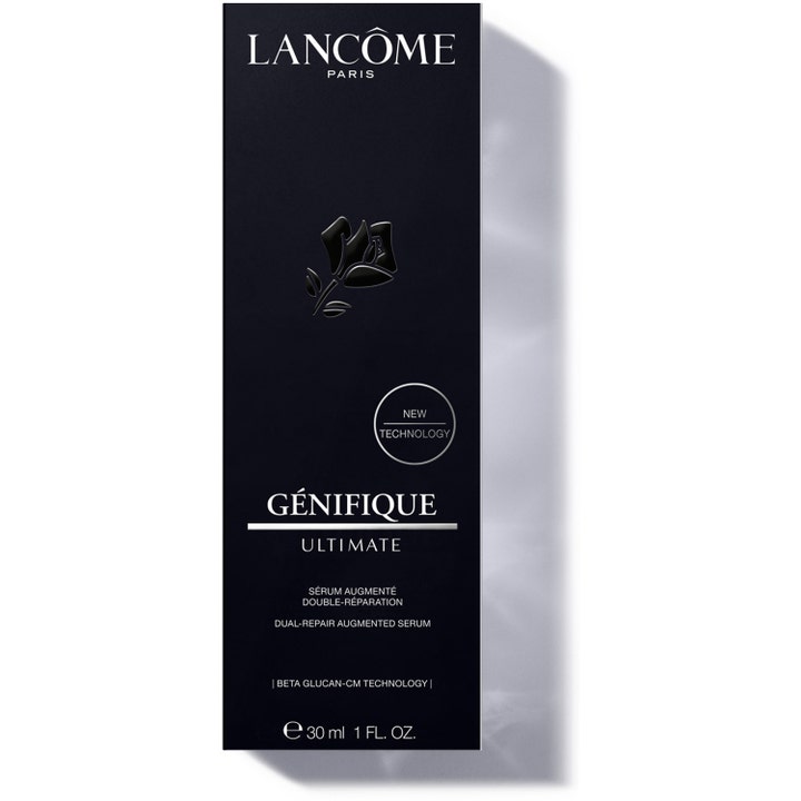 Lancôme Génifique Ultimate Serum 30 ml lyxigt återfuktande serum i svart ytterförpackning med silvertext.