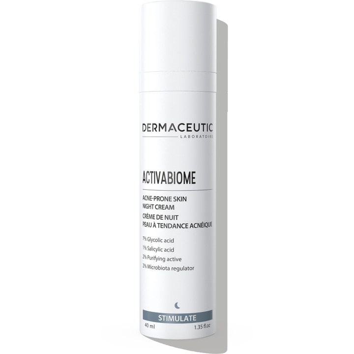 Dermaceutic Activabiome 40 ml nattkräm för oren hud i en vit stilren pumpflaska med svart text