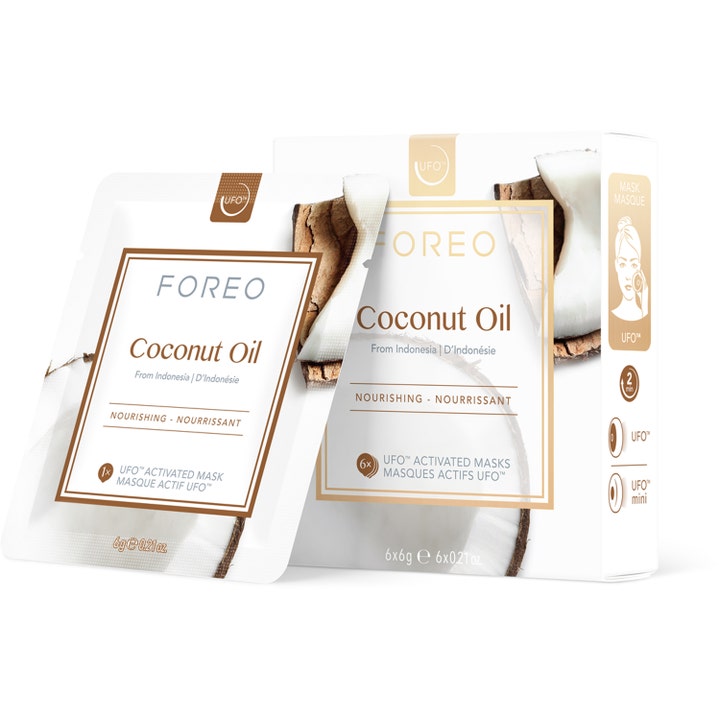 FOREO Coconut Oil 6x6g naturlig kokosmask för ansiktet ger näring i vit box och sachet med bild av kokosnöt.