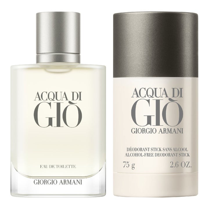 Armani Acqua di Gio EdT 50ml presentask med parfym och deostick i glasflaska med silverlock och vitt deostick