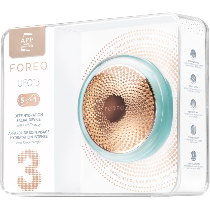 FOREO UFO 3 Mint 1 st ansiktsbehandling hemma för känslig hud med led terapi i transparent förpackning.