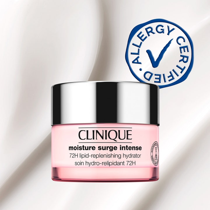 Clinique Moisture Surge Intense 50 ml är en 72 timmar återfuktande ansiktskräm i rosa glasburk med Allergy Certified märke.