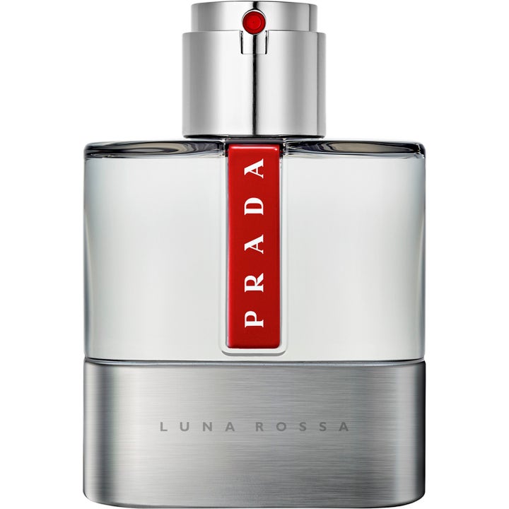 Prada Luna Rossa Eau de Toilette 50 ml herrparfym i glasflaska med silverfärgad bas och röd vertikal logotyp