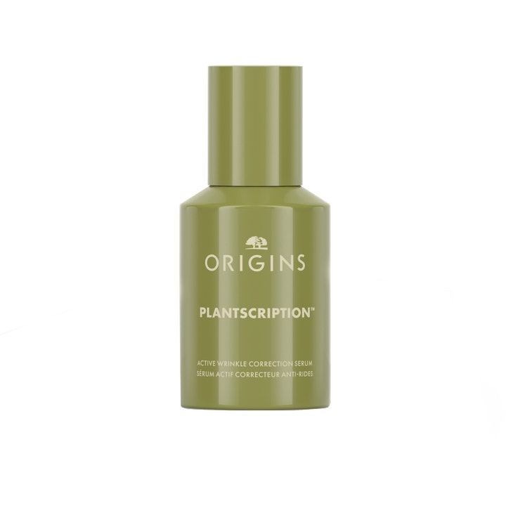 Origins Plantscription Active Wrinkle Correction Serum anti-aging serum för att minska rynkor i en olivgrön blank flaska