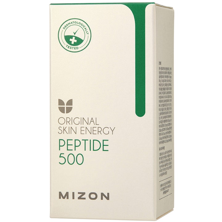 Mizon Peptide 500 30 ml mizon peptide serum i vit ytterförpackning med gröna detaljer som ger huden fasthet.
