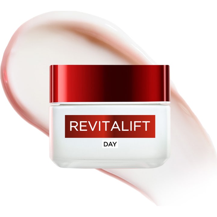 L'Oréal Paris Revitalift 50 ml näringsrik dagkräm med anti-aging effekt i vit burk med rött lock och krämig textur