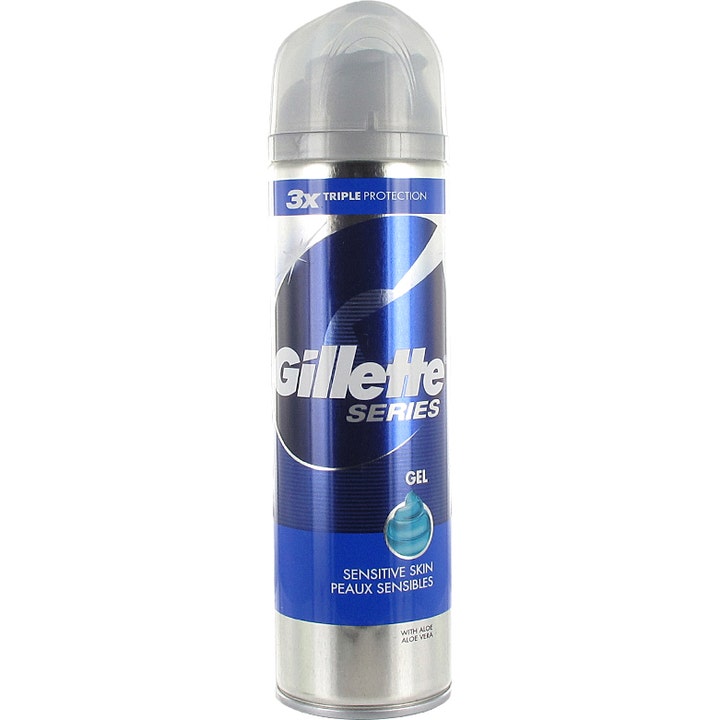 Gillette Series Sensitive Skin Shave Gel rakkräm för känslig hud ger skonsam rakning i blå och silverfärgad flaska.
