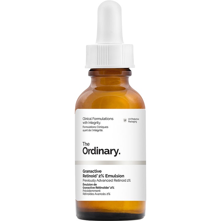 The Ordinary Granactive Retinoid 2% Emulsion 30ml anti aging serum i bärnstensfärgad glasflaska med vit pipett.