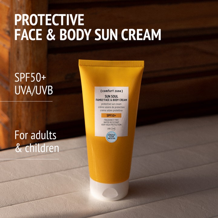 Comfort Zone Sun Soul Family Face & Body Cream 200 ml vattentålig solkräm spf50 i gul tub för ansikte och kropp