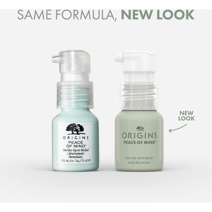 Origins Peace Of Mind 15 ml punktbehandling för avslappning i ny grön pumpflaska jämfört med den tidigare designen.