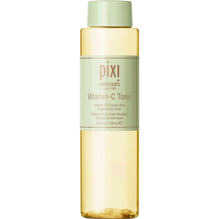 Pixi Vitamin-C Tonic 250 ml brightening c vitamin hudvård i genomskinlig flaska med ljusgrönt lock och etikett.