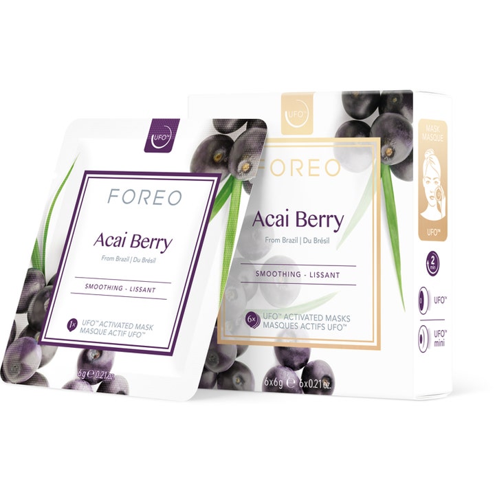 Foreo Acai Berry 6x6g ansiktsmask för jämnare hudton i vit förpackning med motiv av mörka bär och blad.