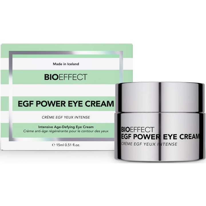 Bioeffect EGF Power Eye Cream 15 ml intensiv ögonkräm mot rynkor i en silverfärgad burk bredvid sin randiga ask
