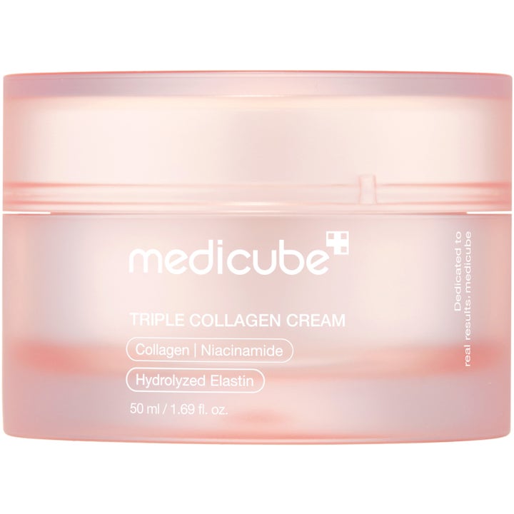 Medicube Triple Collagen Cream 50 ml återfuktande ansiktskräm med niacinamid i en frostad ljusrosa burk.